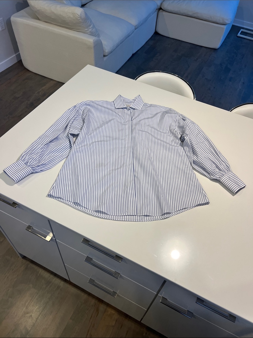 Ann Mashburn blue & white striped 100% cotton long sleeve collared blouse shirt